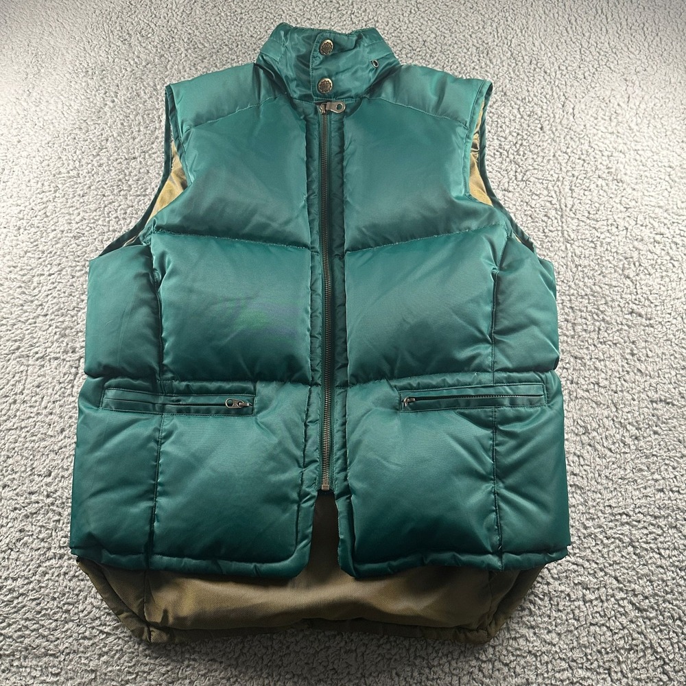 Vtg GAP Puffer Vest Mens XS Green Alpine Racing Down Feather Warm Hooded 90's
